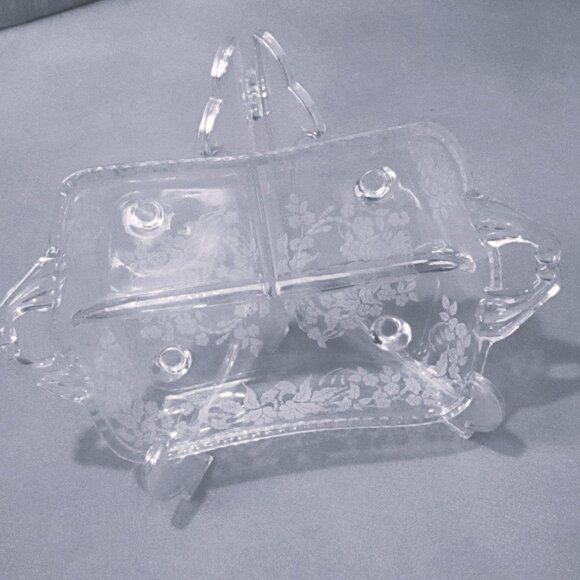 Etched Glass 3-Section Relish Tray With Handles & Feet Floral Design Elegant Din - Picture 5 of 5